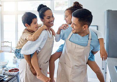 Buy stock photo Piggyback, happy or family in kitchen for cooking, love or child development to prepare cookies in home. Siblings, playful parents or kids learning pastry recipe for bonding, baking snacks or dessert