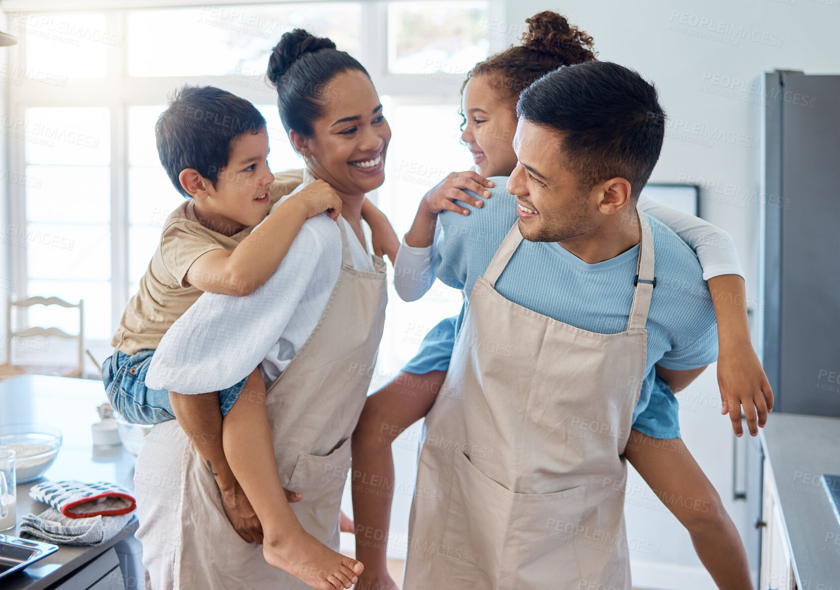 Buy stock photo Piggyback, happy or family in kitchen for cooking, love or child development to prepare cookies in home. Siblings, playful parents or kids learning pastry recipe for bonding, baking snacks or dessert