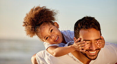 Buy stock photo Father, girl and hands on eyes for piggyback, bonding and care with parent and child or playful in nature on holiday. Relax, happy and family vacation for ocean fun, smile and childhood and together