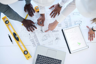 Buy stock photo Hands, blueprint and architecture with technology from above for construction or project management. People, design and planning on paper for engineering, contractor and logistics with collaboration