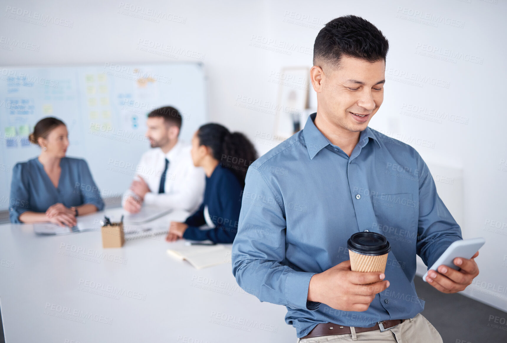 Buy stock photo Smile, phone and businessman in meeting with collaboration for brainstorming ideas and planning team project. Cooperation, mobile and consultant guy in office with reading email and social media post