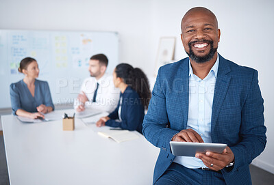 Buy stock photo Portrait, tablet and businessman in meeting for collaboration,  web research and coworking in office. Consultant guy, digital tech and brainstorming ideas for online project, planning and trust