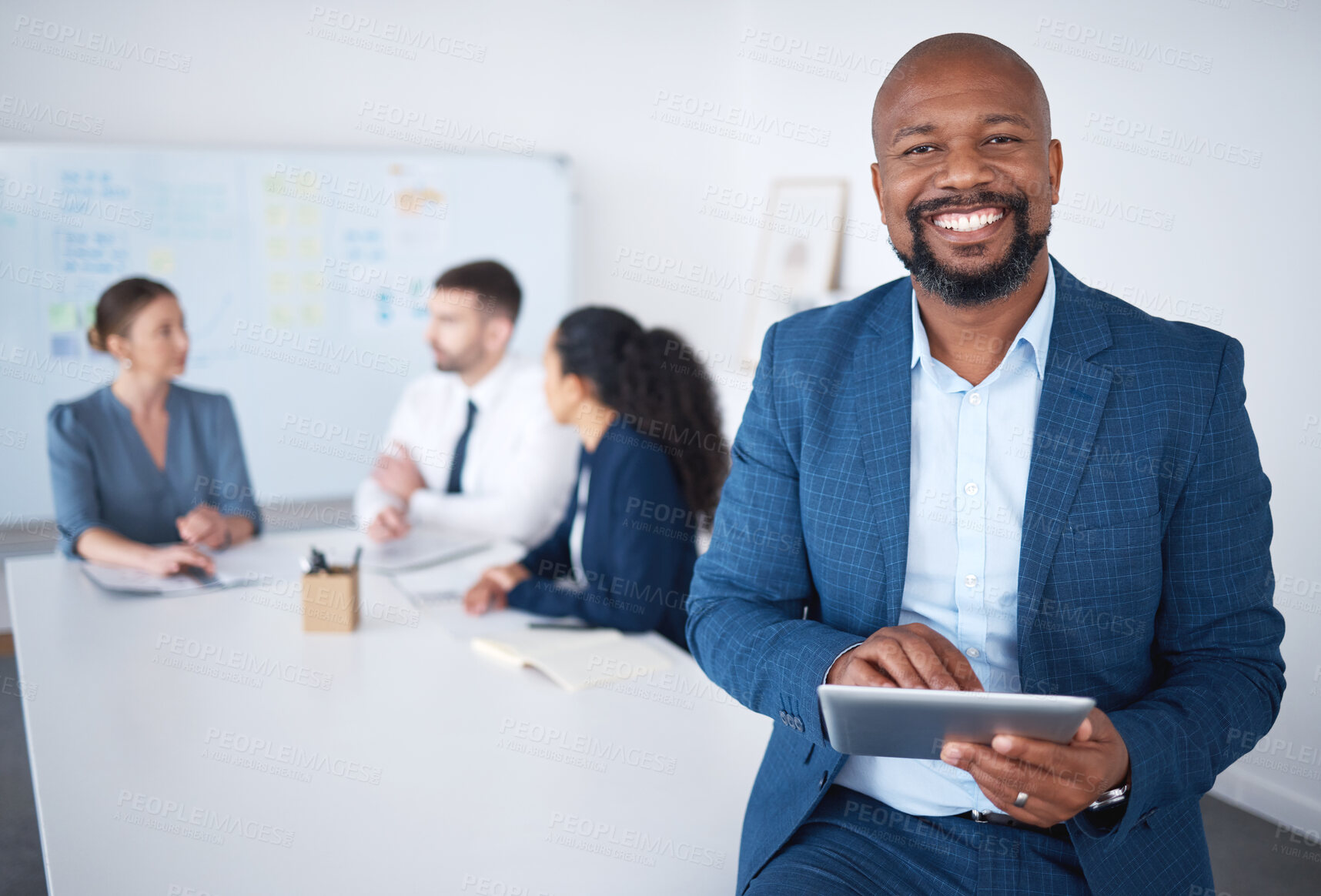 Buy stock photo Portrait, tablet and businessman in meeting for collaboration,  web research and coworking in office. Consultant guy, digital tech and brainstorming ideas for online project, planning and trust