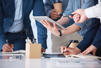 Buy stock photo Hands, tablet and business people by table with planning team schedule and collaboration meeting in office. Tech, employee group and calendar app for project timeline with writing notes and support