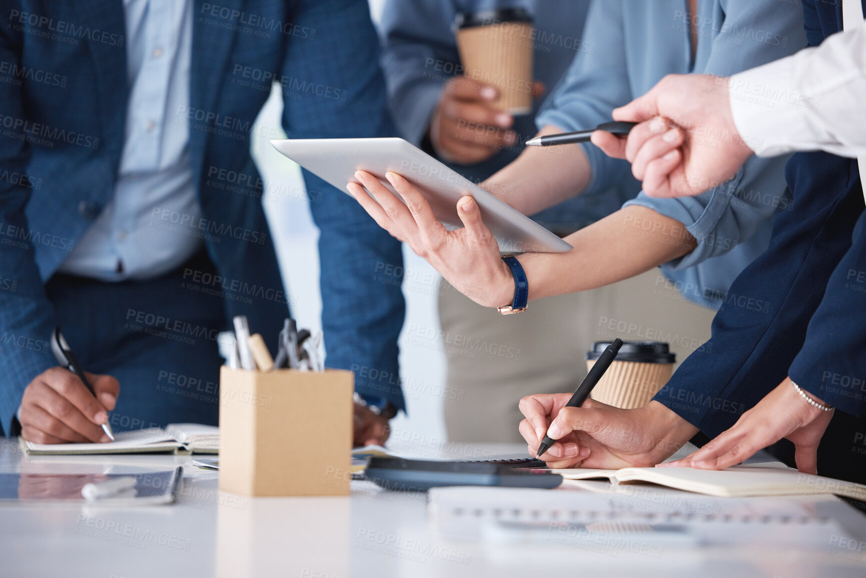 Buy stock photo Hands, tablet and business people by table with planning team schedule and collaboration meeting in office. Tech, employee group and calendar app for project timeline with writing notes and support