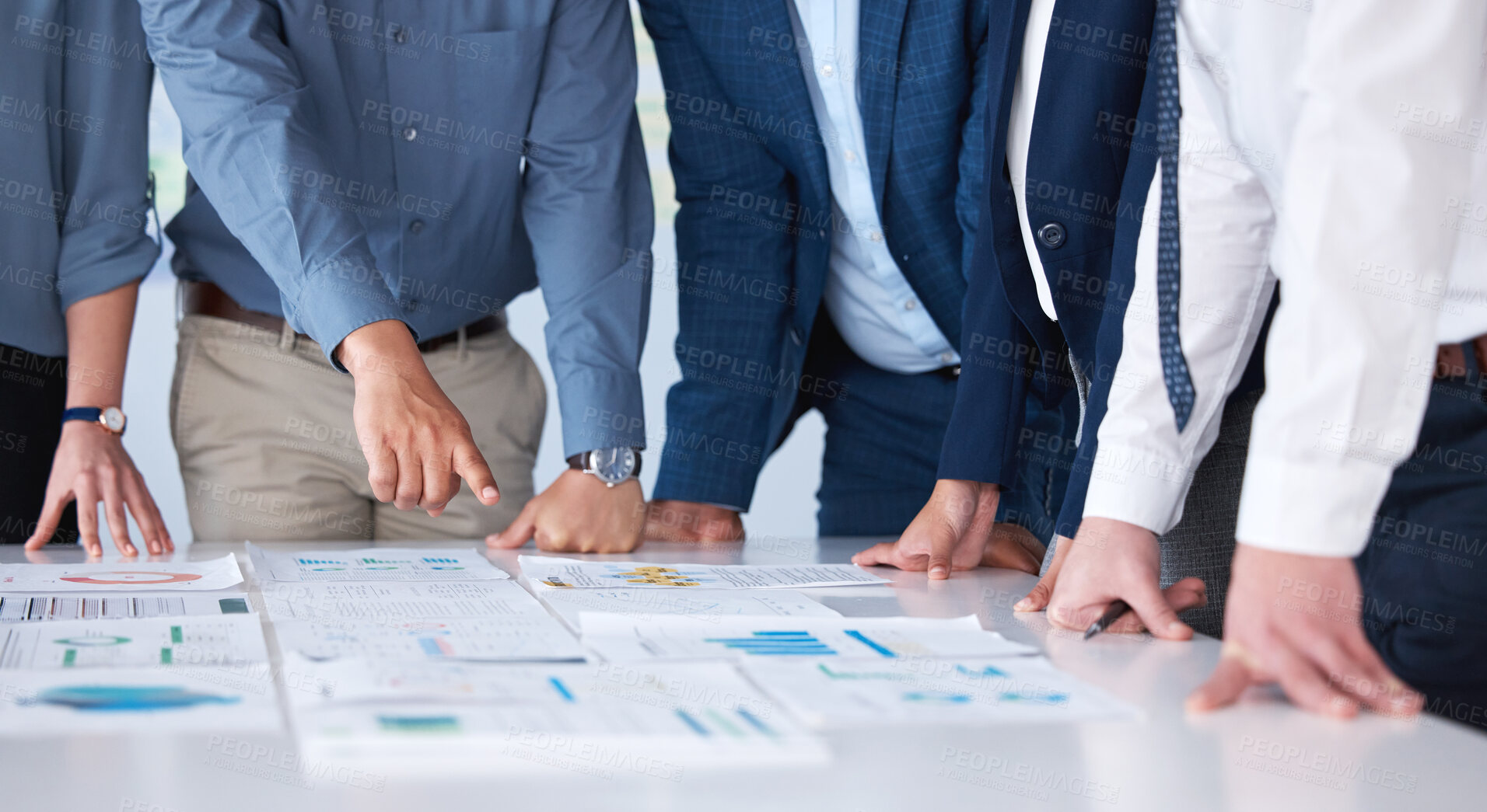 Buy stock photo Meeting, hands and business people with documents on table with collaboration and feedback for project review. Teamwork, paperwork and employees in office with discussion for global sales analytics