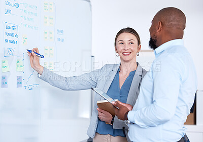 Buy stock photo Business people, whiteboard and teamwork for social media growth, share ideas and conversation. Seo, copywriting and employees with brainstorming, collaboration and talking with planning and review