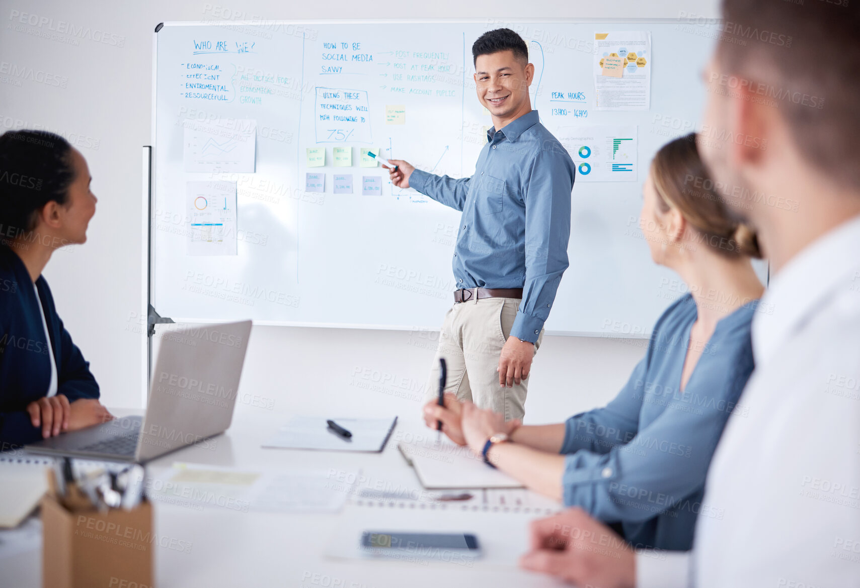 Buy stock photo Meeting, whiteboard and businessman talking for presentation with workshop notes and project proposal in office. Speaker, entrepreneur guy and coaching or teaching staff with explain for education