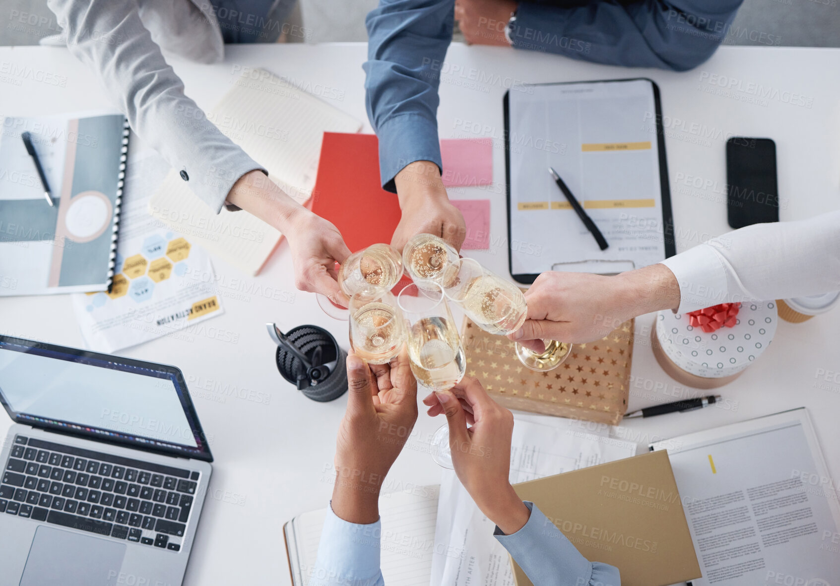 Buy stock photo Christmas, hands and business people with champagne in office with work break and team celebration for winning award. Festive season, fun event and staff party with above glass for cheers together