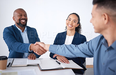 Buy stock photo Handshake, business people and collaboration smile for meeting, partnership and hiring process in office. Welcome, corporate staff and palm connect for recruitment or interview and congratulations