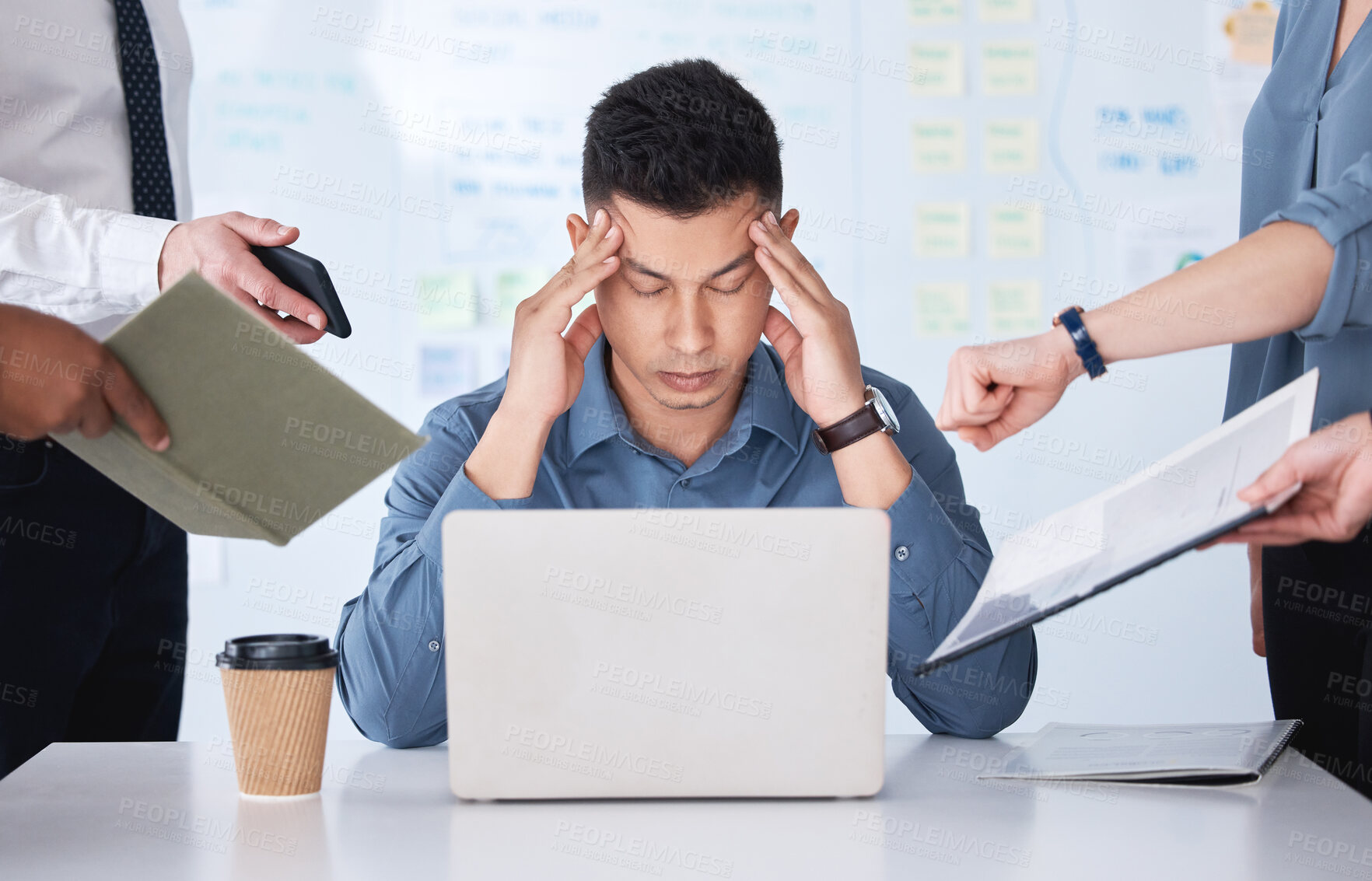 Buy stock photo Headache, stress and businessman in office for multitasking with laptop and burnout for accounting career. Manager guy, migraine and chaos for time management crisis with fatigue and computer problem