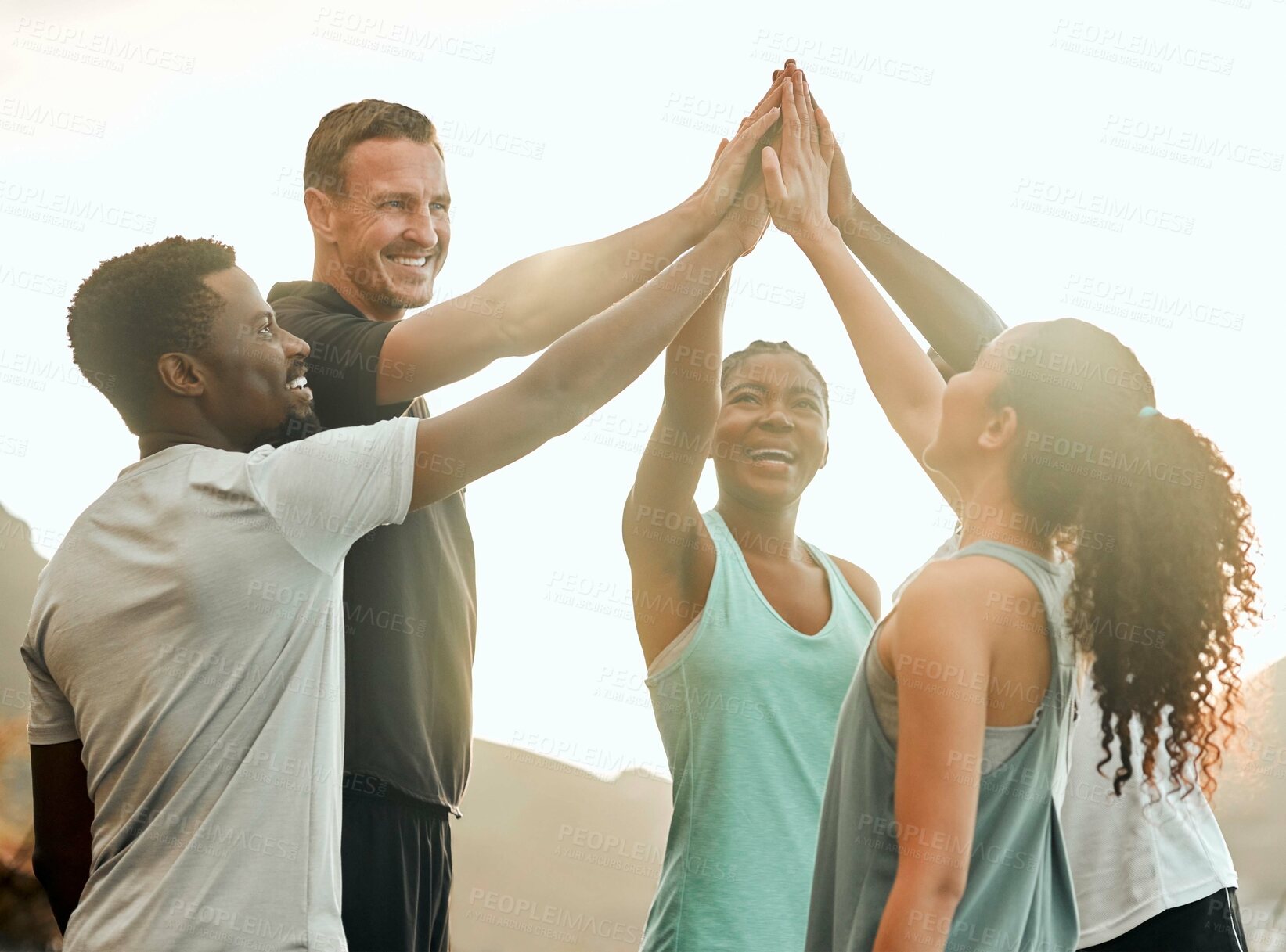 Buy stock photo Friends, high five and united for outdoor fitness, motivation and support for workout goals in nature. People, team sports and celebration for exercise, together and collaboration for cardio training