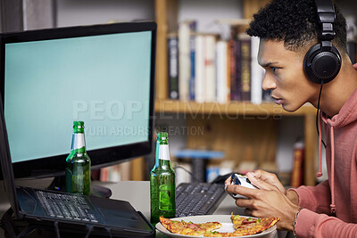 Buy stock photo Beer, pizza and gamer man in headset for multiplayer communication or entertainment at home. Alcohol, food and video game streaming with person eating in apartment for online esports gaming mockup