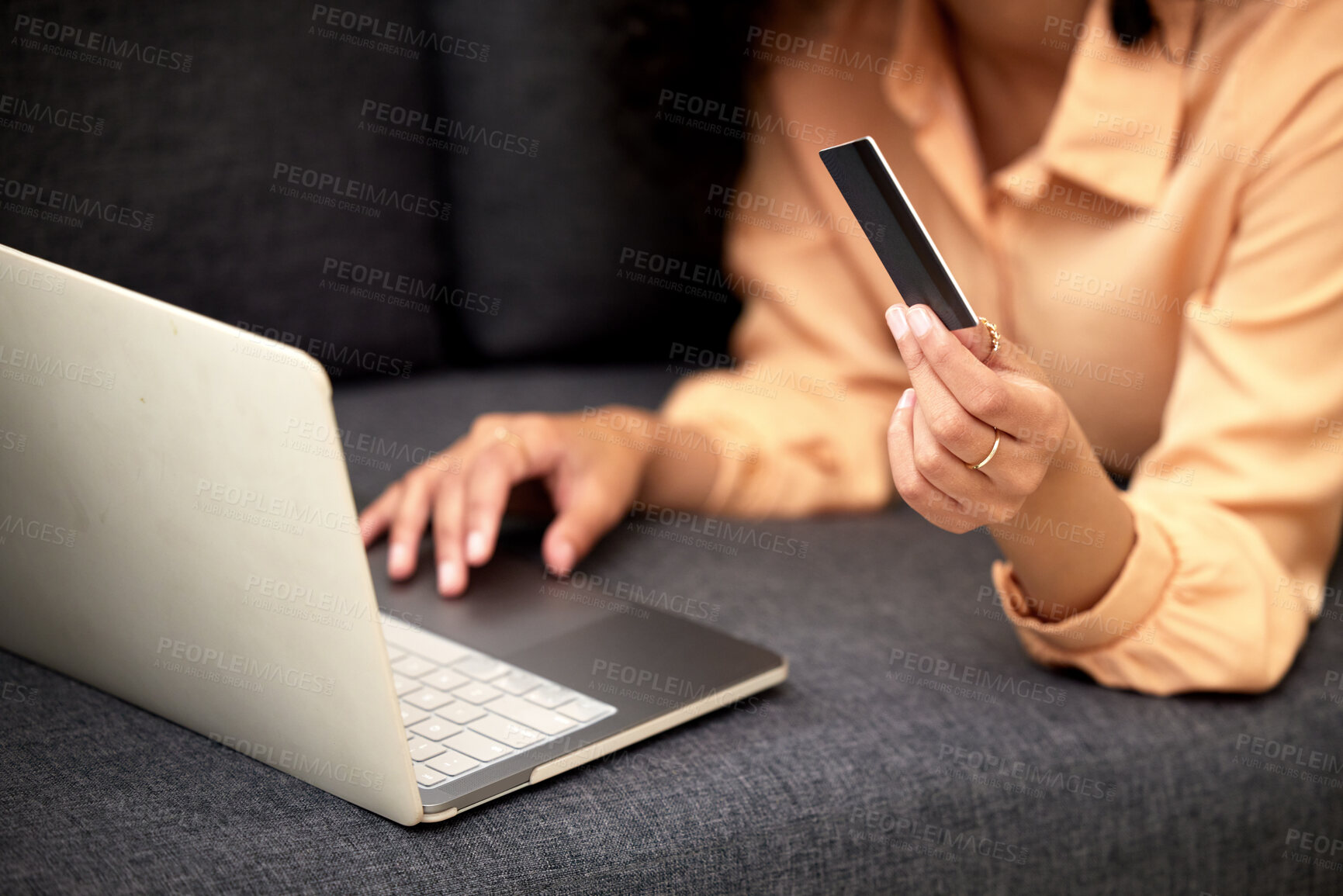 Buy stock photo Home, laptop and woman with credit card, hands or savings with investment, typing or payment. Person, closeup or girl with pc, paying for goods and online shopping with ecommerce, banking or internet