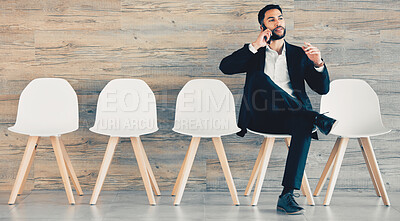 Buy stock photo Businessman, chairs and phone call at interview in office for recruitment, job opportunity and waiting room. Hiring, candidate and mobile chat with HR for onboarding appointment with mockup banner