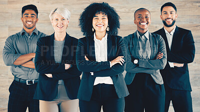 Buy stock photo Confident, group and businesspeople in office portrait for teamwork, support and collaboration of project planning. Happy, woman and staff with arms crossed for diversity, partnership or startup goal