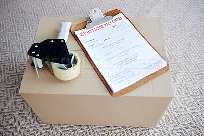 Buy stock photo House , eviction and notice with box on property, finance bankruptcy and paperwork or homeowner crisis. Clipboard, vacate apartment and tape dispenser for relocation, overdue payment and tenancy rent