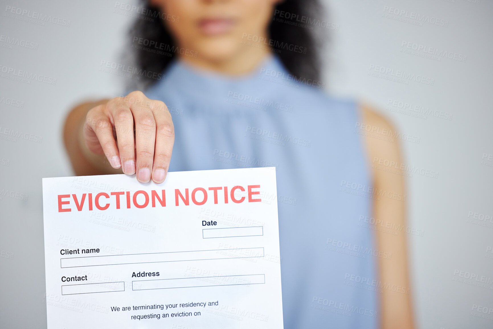 Buy stock photo Woman, eviction and notice paperwork in home, homeowner crisis and tenant with legal vacate document. Apartment, finance bankruptcy and failed investment, overdue payment and rent or tenancy problem