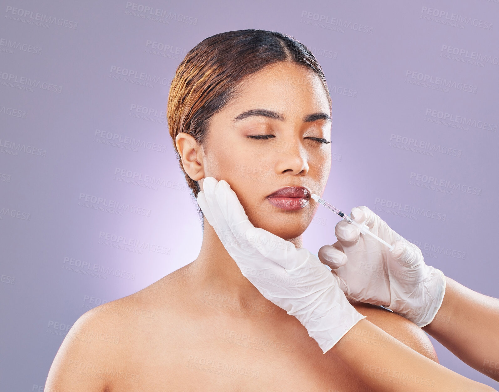 Buy stock photo Injection, hands and woman for lip filler and face, needle and plastic surgery on studio background. Beauty, cosmetic and medical treatment for selfcare, aesthetic and liquid for female person body