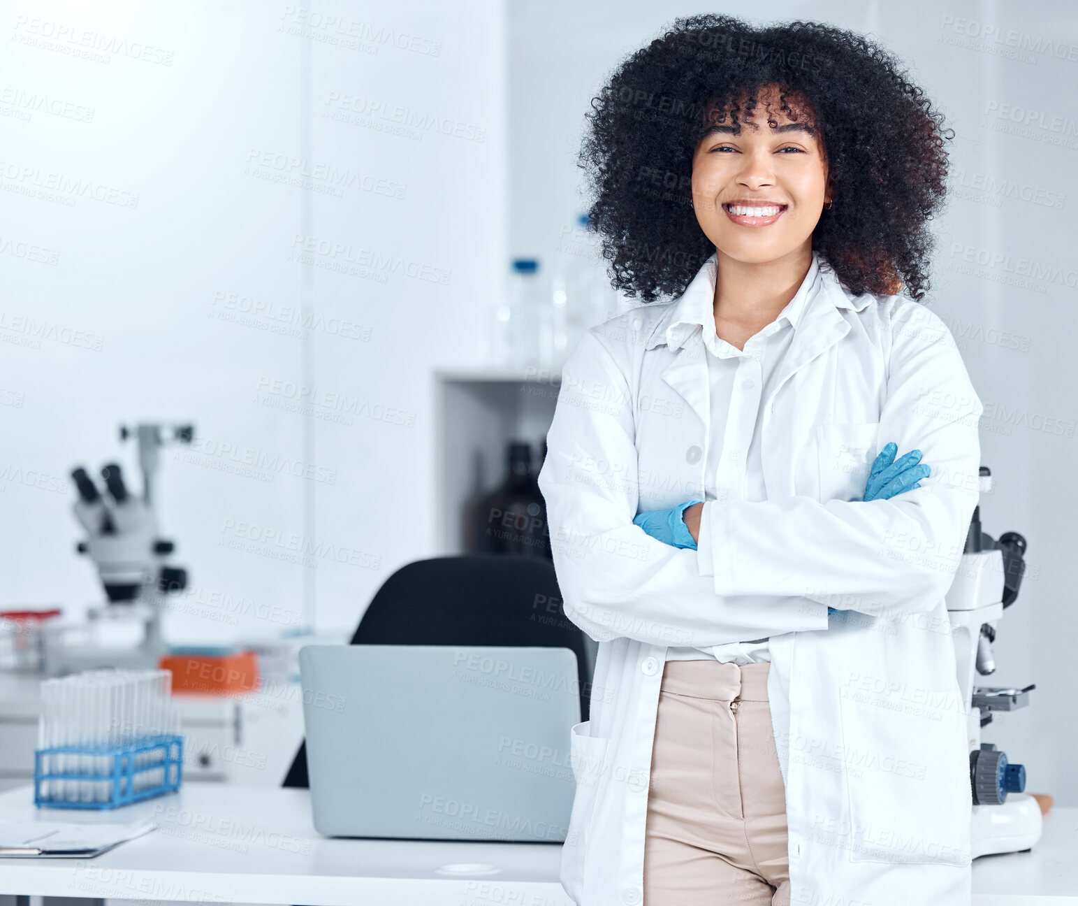 Buy stock photo Woman, portrait and crossed arms or scientist in laboratory, science and professional for innovative healthcare. Research, confidence and pharmaceuticals development, medicine and happy for career