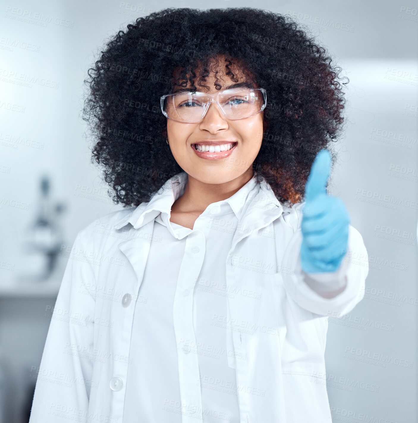 Buy stock photo Woman, scientist and happy with thumbs up in lab for science research, experiment and investigation. Female person, portrait and confident with smile for medical or medicine study and agreement