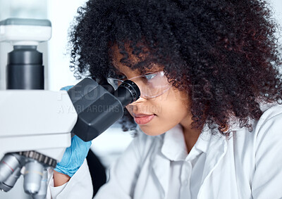 Buy stock photo Woman, scientist and microscope for research in laboratory, analysis and test biology sample. Female person, experiment and medical equipment for dna molecule, studying virus and bacteria for science