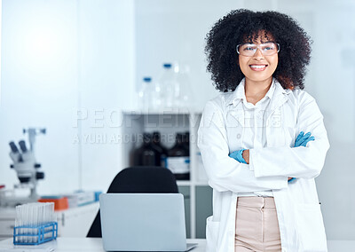 Buy stock photo Woman, portrait and crossed arms or smile in laboratory, science and medical for innovative healthcare. Research, confidence and pharmaceuticals development, medicine and research study career