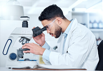 Buy stock photo Man, microscope and examine research in laboratory, biochemist and innovation healthcare study with virus sample. Investigation, cure development and science or breakthrough, medical and equipment
