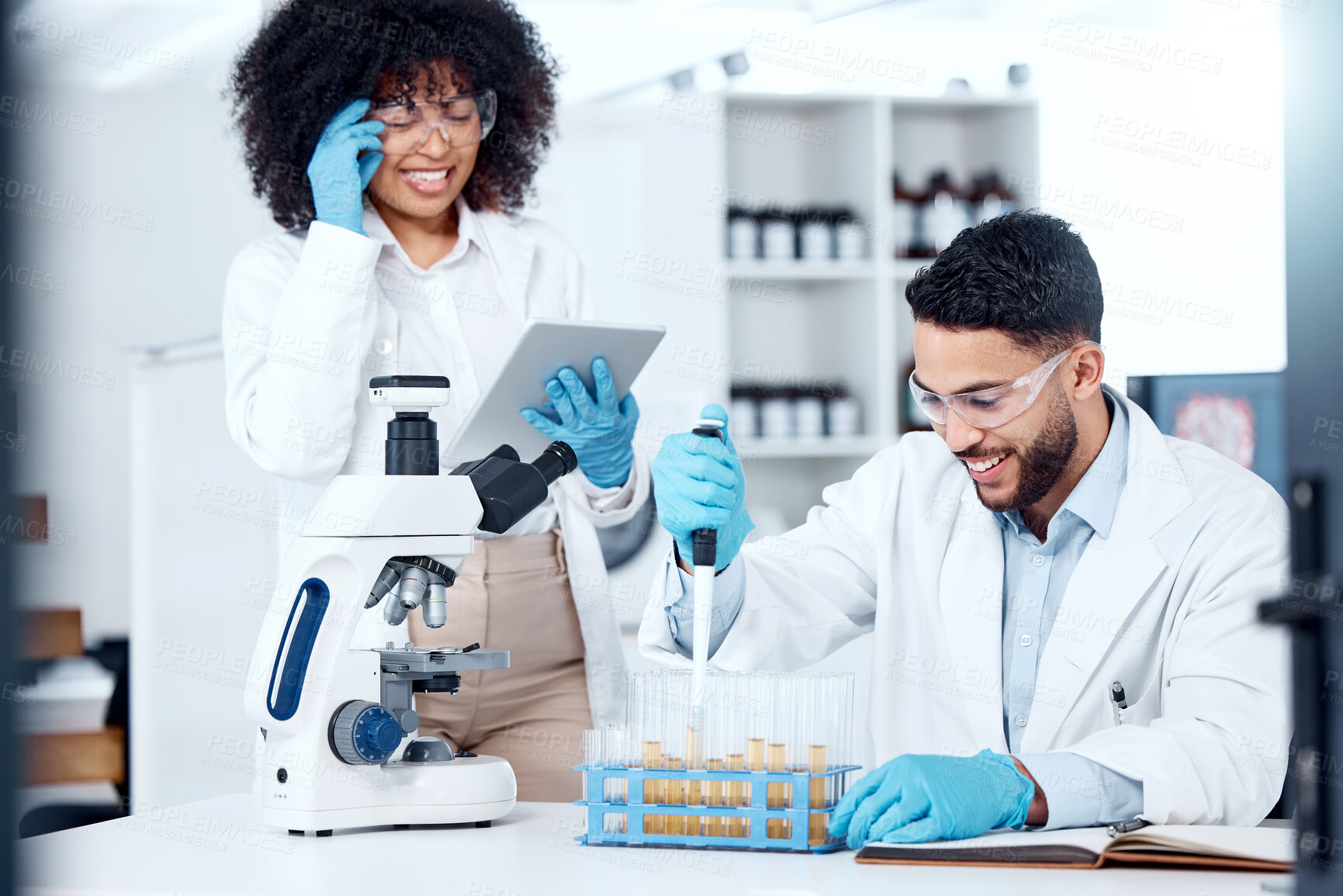 Buy stock photo Happy, teamwork and experiment in laboratory for science, research and ppe for planning. Man, woman and tablet for results or dna for healthcare with collaboration and investigation in hospital