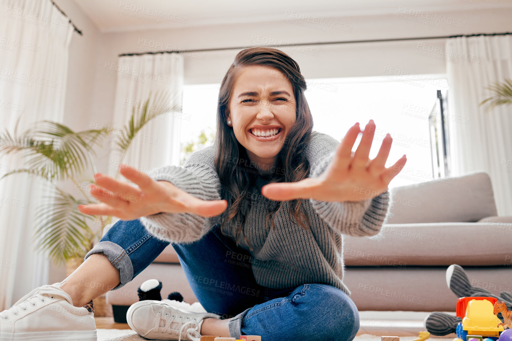 Buy stock photo Baby, pov and portrait with excited woman, toys and playroom for toddler with parent, cheerful and happy. Female person, home and child development for motor skills, cognition or behavior for bonding