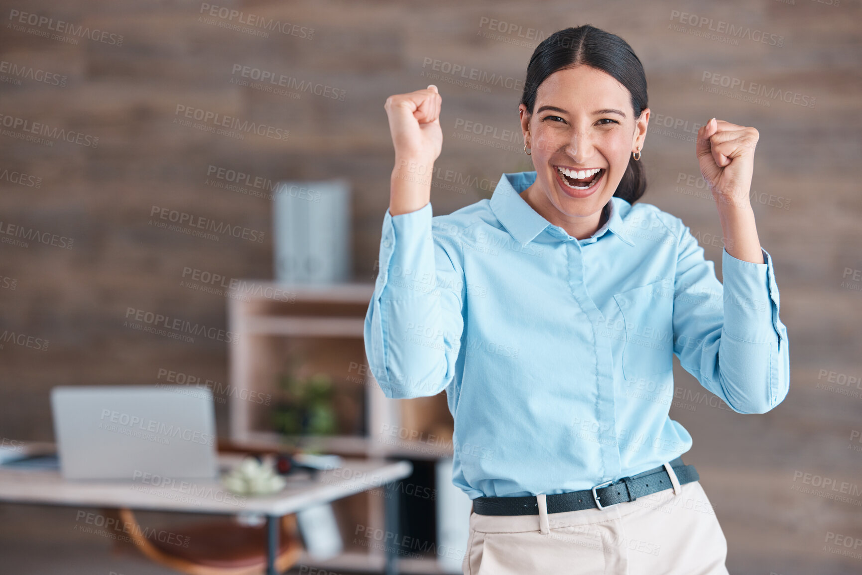 Buy stock photo Business, woman and excited portrait in office, success and celebration for company target or good news in workplace. Goal, employee and bonus with cheering hand gesture, promotion and achievement