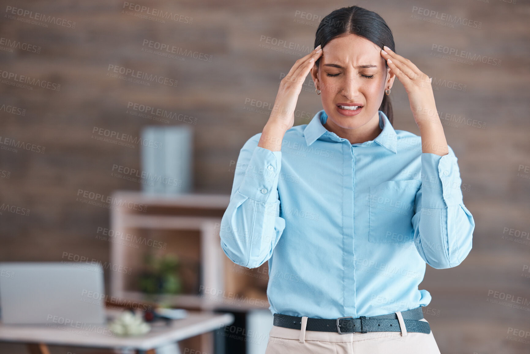 Buy stock photo Woman, office and headache with professional in business, migraine and stress for company target in workplace. Mental health, burn out and job deadline, anxiety and worried web designer or employee