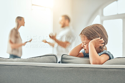 Buy stock photo Divorce, parents and scared child on sofa with argument for conflict, disagreement or fighting in living room. Angry man, woman and girl covering ears for paternity test, distrust or wife with affair