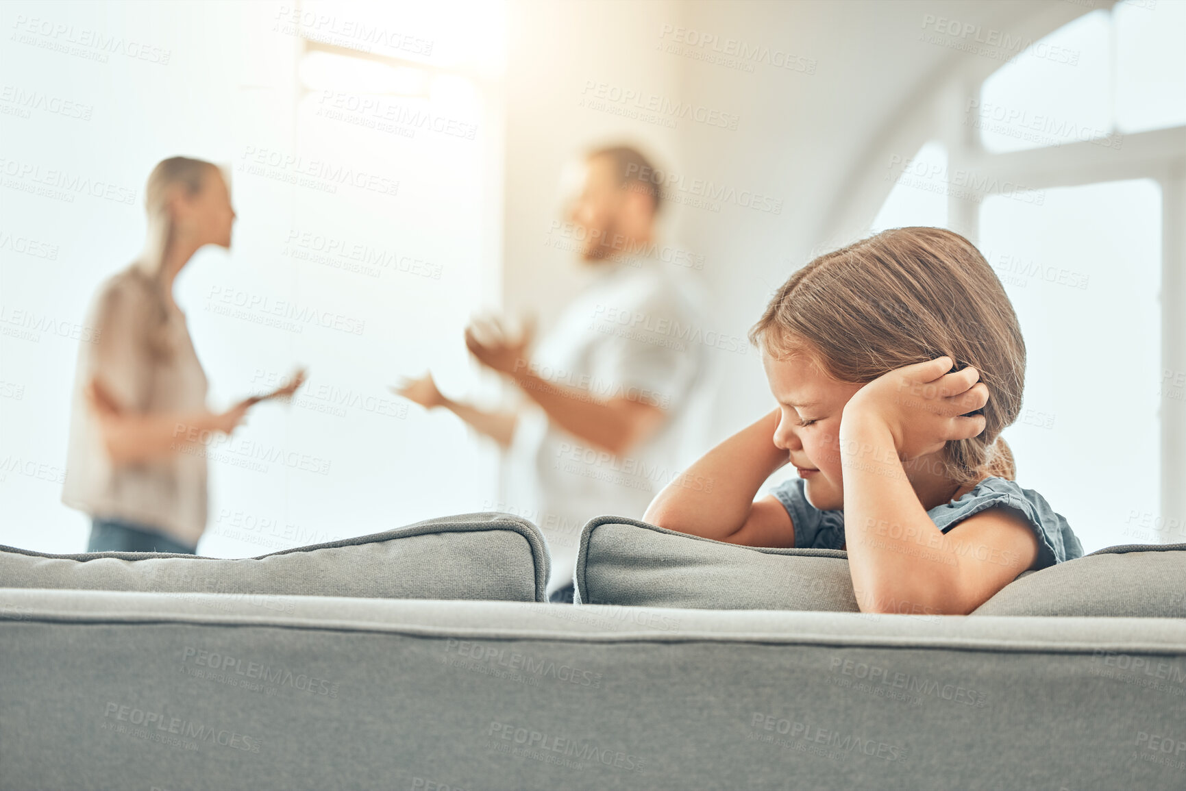 Buy stock photo Divorce, parents and scared child on sofa with argument for conflict, disagreement or fighting in living room. Angry man, woman and girl covering ears for paternity test, distrust or wife with affair