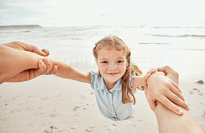 Buy stock photo Portrait, spinning or girl with father at beach for pov swing, games and travel celebration in nature. Family, love or child holding hands with dad at ocean for support, balance and energy in Florida