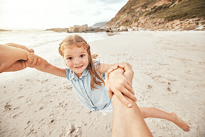 Buy stock photo Portrait, spin and girl with father at beach for pov swing, games and travel celebration in nature. Family, love and child holding hands with dad at ocean for support, balance and energy in Florida