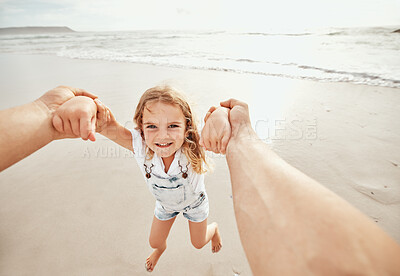 Buy stock photo Girl, child and swinging with portrait on beach for childhood fun on summer holiday, travel and ocean waves with smile. Arms, person and pov with kid for playing by sea on vacation and holding hands.