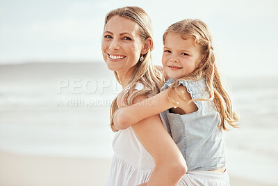 Buy stock photo Portrait, mother and daughter at beach for piggyback love, trust and support, safety and bonding in nature. Travel, family and face of mom with kid at the ocean for back ride fun, adventure or games