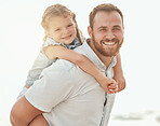 Happy man piggybacking his daughter outside in the sun. Carefree man carrying a young girl on his back while bonding outside on a bright summer day. Single dad enjoying quality time with his cute kid