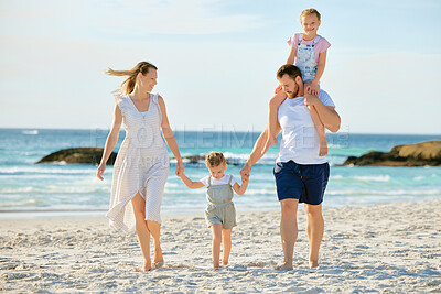 Buy stock photo Travel, beach and family for children walking by sea for bonding, holding hands together and relaxing in nature. Father, trust and happy mom with kids by ocean on holiday, vacation and adventure