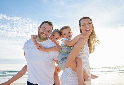 Buy stock photo Travel, beach and family portrait for children by sea for bonding, holding hands together and relaxing in nature. Father, trust and happy mom with kids by ocean on holiday, vacation and adventure