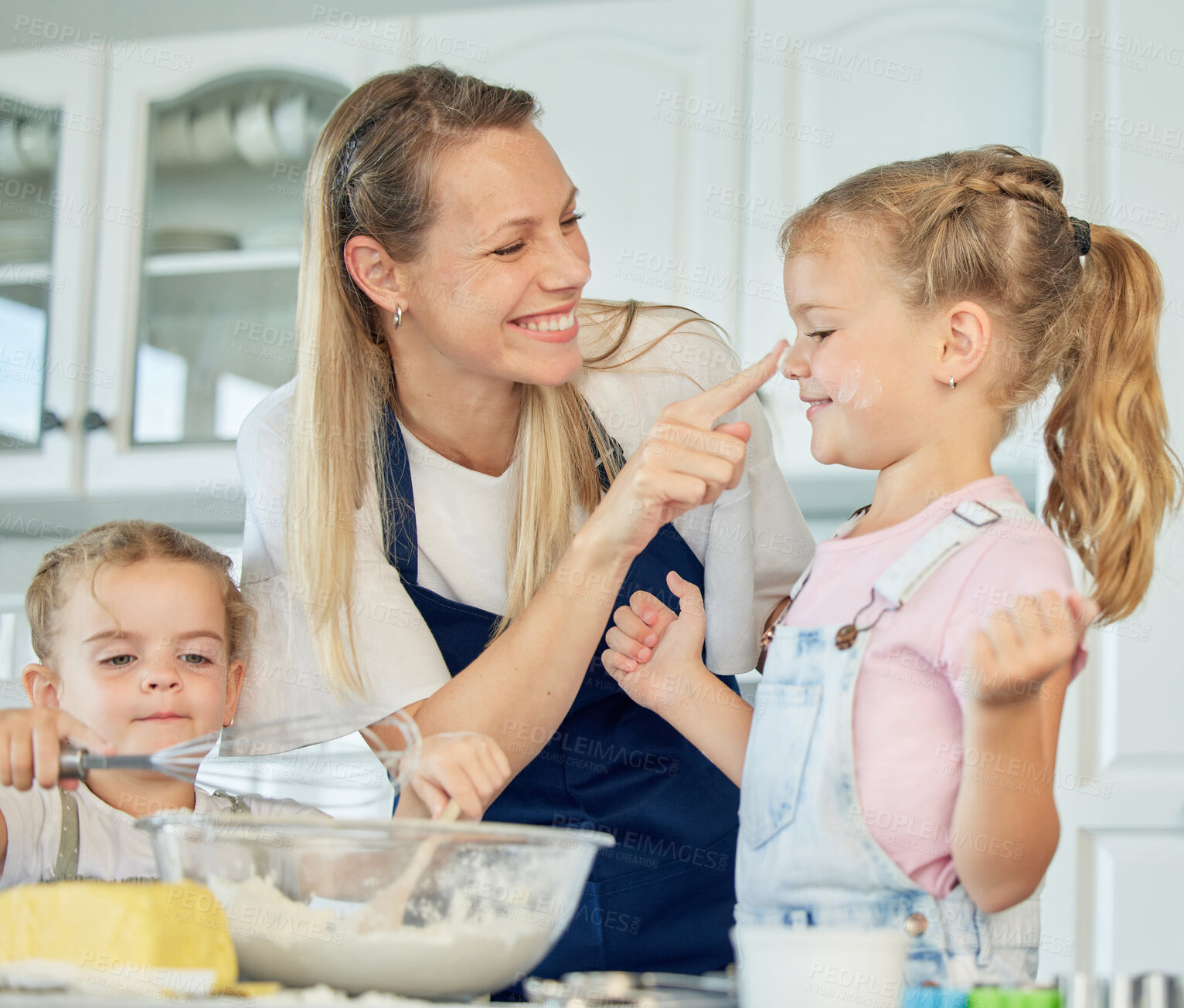 Buy stock photo Mother, play or happy family baking with children in kitchen for development to prepare cookies in home. Nose, mom and playful kids learning recipe for bonding, cooking or dessert with love.