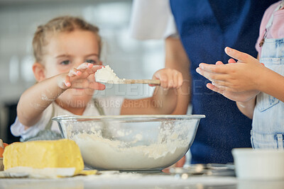 Buy stock photo Mother, hands or family baking with children in kitchen for development to prepare cookies in home. Closeup, mom and kids learning flour recipe for bonding, cooking or dessert with powder mix