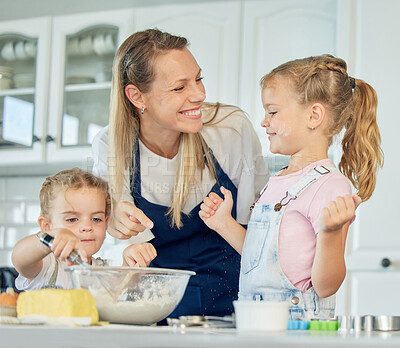 Buy stock photo Mother, teaching or happy family baking with children in kitchen for child development to prepare cookies in home. Smile, mom or kids siblings learning recipe for bonding, cooking or dessert for love