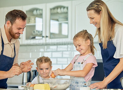 Buy stock photo Parents, teaching or family cooking with children in kitchen for child development to prepare cookies. Father, mother or kids siblings learning recipe for bonding, baking or dessert for love in home 