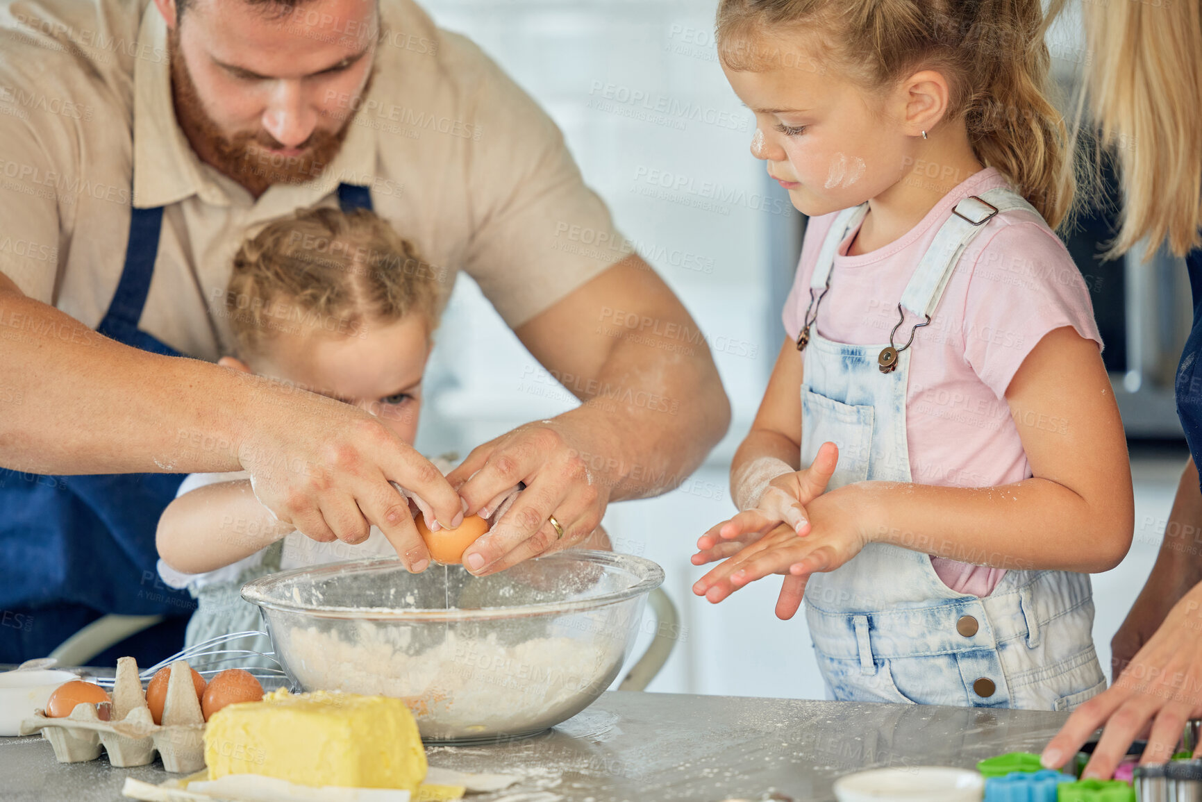 Buy stock photo Hands, teaching or family cooking with children in kitchen for child development to prepare cookies. Father, parents or kids siblings learning recipe for bonding, baking or dessert for love in home 