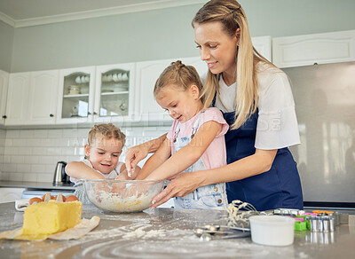 Buy stock photo Mom, teaching or happy family cooking with children in kitchen for development to prepare cookies in home. Smile, mother or kids siblings learning recipe for bonding, baking or dessert for love