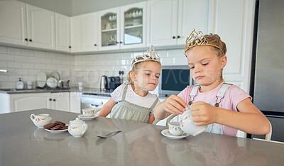 Buy stock photo Girl, kids and playing in kitchen with tea party for childhood fun, cookies and tiara for pretend imagination. Children, siblings and toy in home together with love, bonding and growth or development