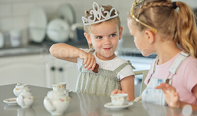 Buy stock photo Girl, children and playing in home with tea party for childhood fun, cookies and tiara for pretend. Kids, siblings and toys in kitchen with happiness or love, bonding and growth or development.