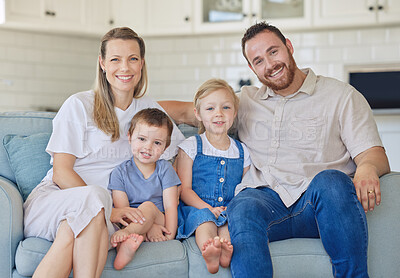 Buy stock photo Portrait, smile and family relax on sofa house for bonding, love and care or hug in living room together. Happy, woman and man with children for childhood, support and trust of memory at home